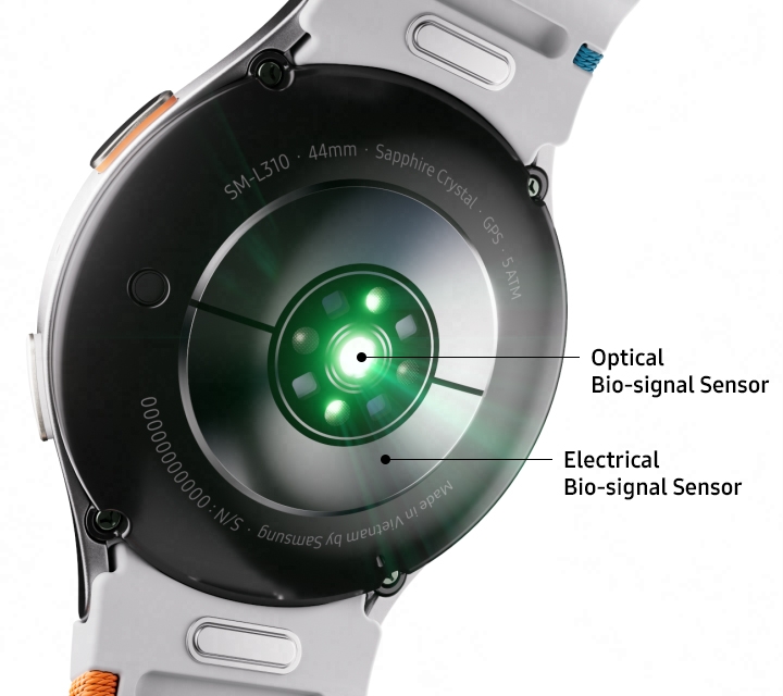 A Galaxy Watch7 seen from the back showing its Electrical Bio-signal Sensor and Optical Bio-signal Sensor with green LED light emitting from the center.